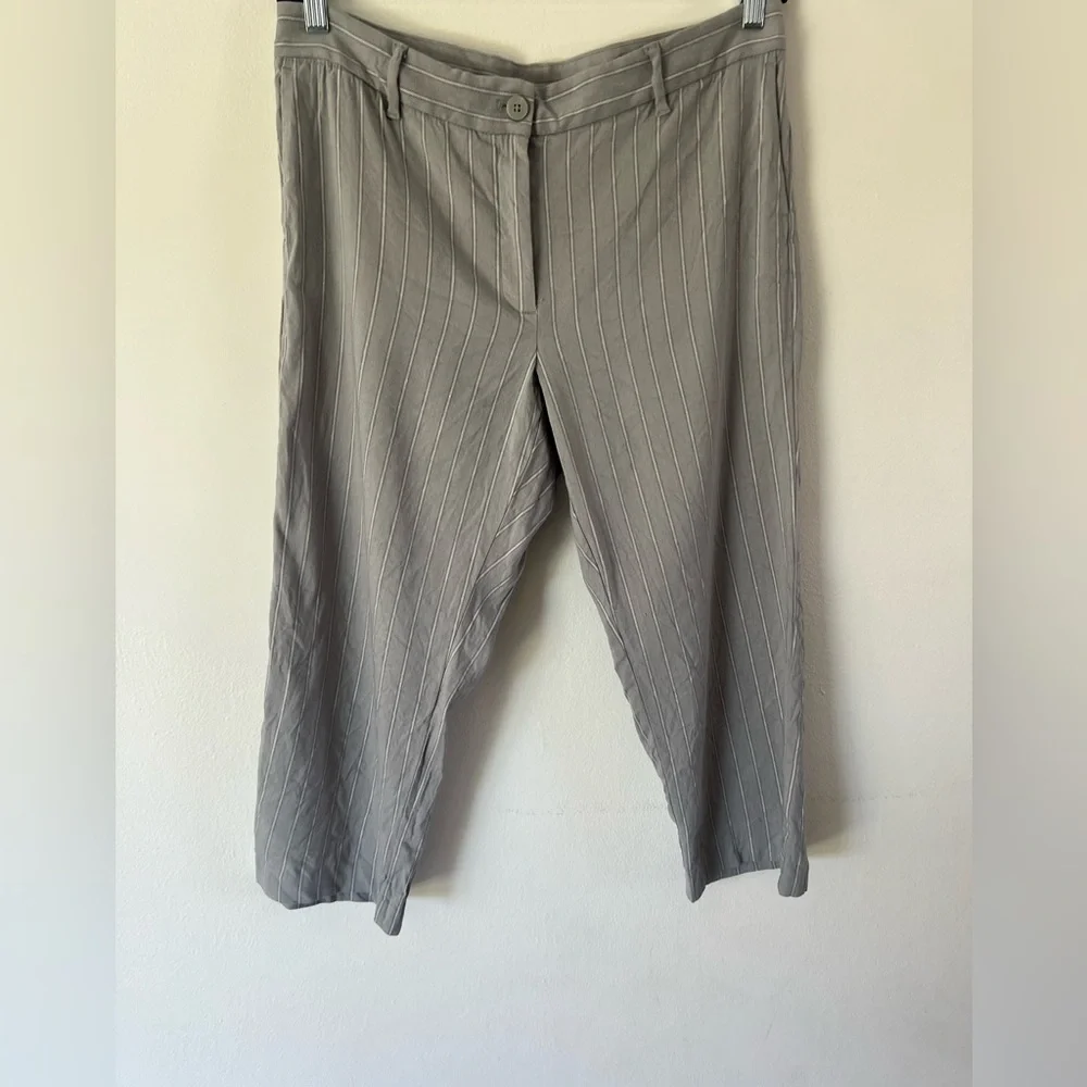 J. Jill‎ Linen Stretch Light Grey Striped Cropped Wide Leg Pants Size 14 Petite